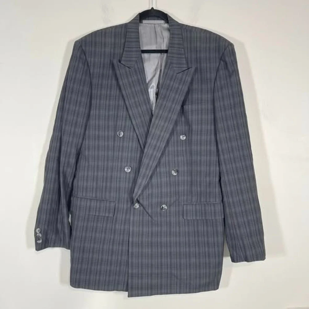 VTG Woodhouse Cloth‎ Mens Double Breasted Blazer Dark Gray Blue Plaid UK 90s 44R
